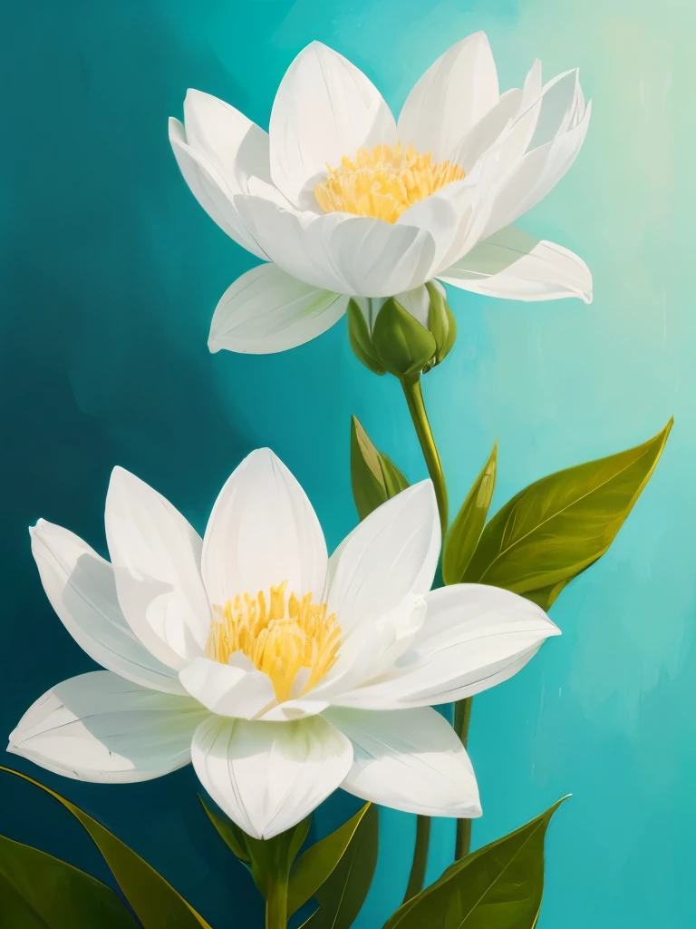 painting of three white flowers with blue centers on a green background, a digital painting by Zelma Blakely, trending on cg society, art nouveau, glowing hue of teal, soothing colors, greenish blue tones, teal aesthetic, blue flowers, turquoise, blue - petals, beautiful large flowers, turqouise, serene expression, blue and cyan colors