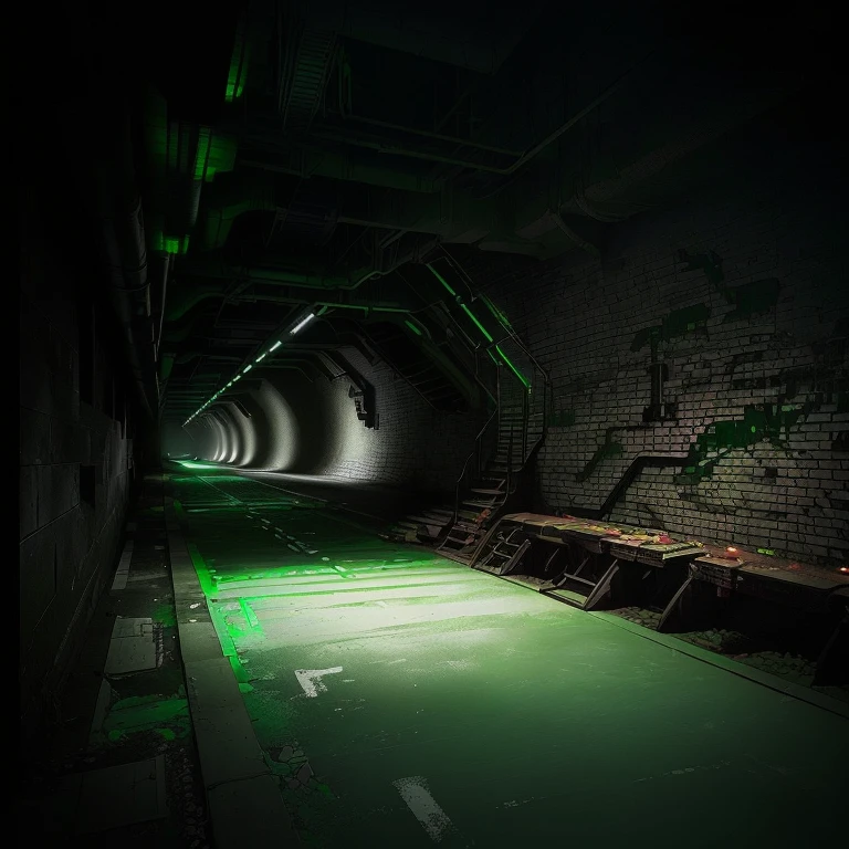   there is a long tunnel with a green light inside, sewer, sewers, sewer background, down in the sewers 地下湖, Realistic dark concept art, Dark underground， unsettling scary marginal space , basement,  deep underground ,  strange and scary threshold space 