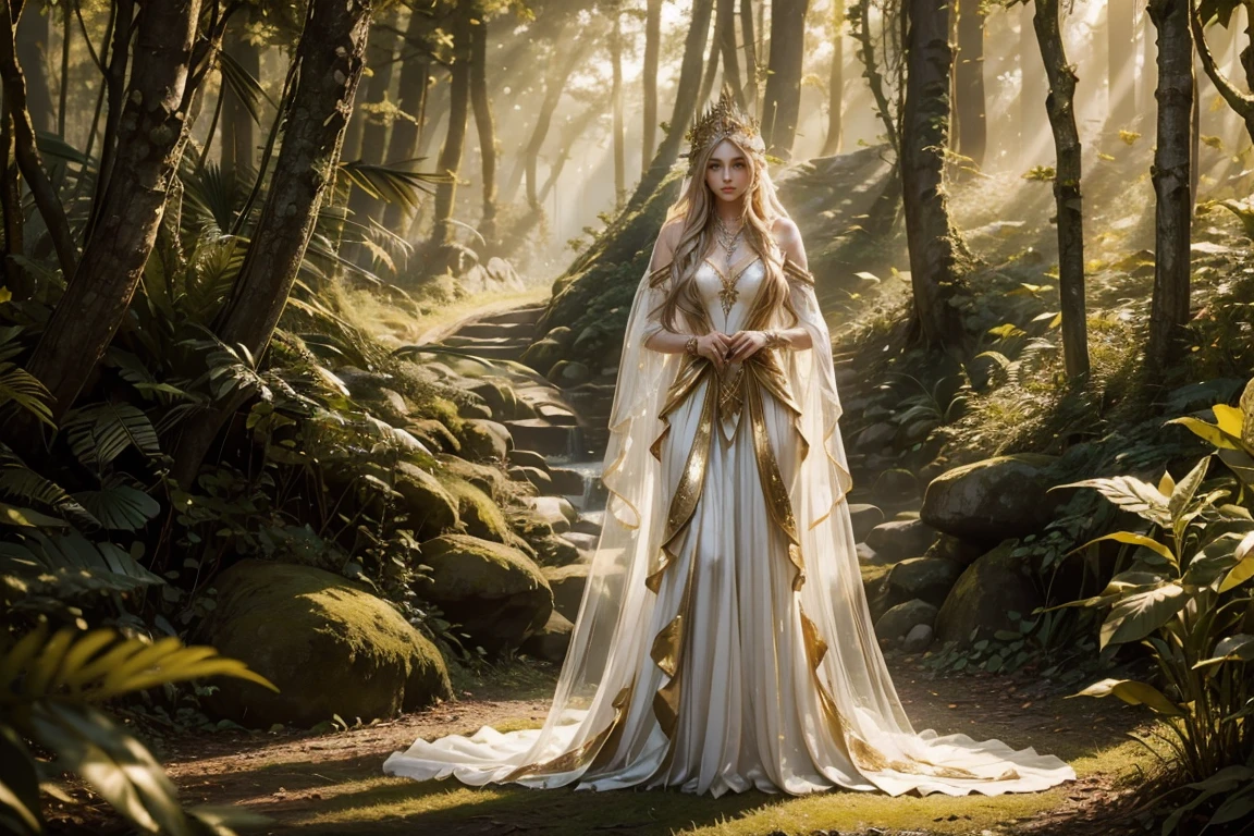 An elven queen with long golden hair, standing in a forest. She wears a sheer white gown with gold accents, her body partially revealed under soft sunlight filtering through the trees. Detailed jewelry adorns her, and her expression is calm and confident.