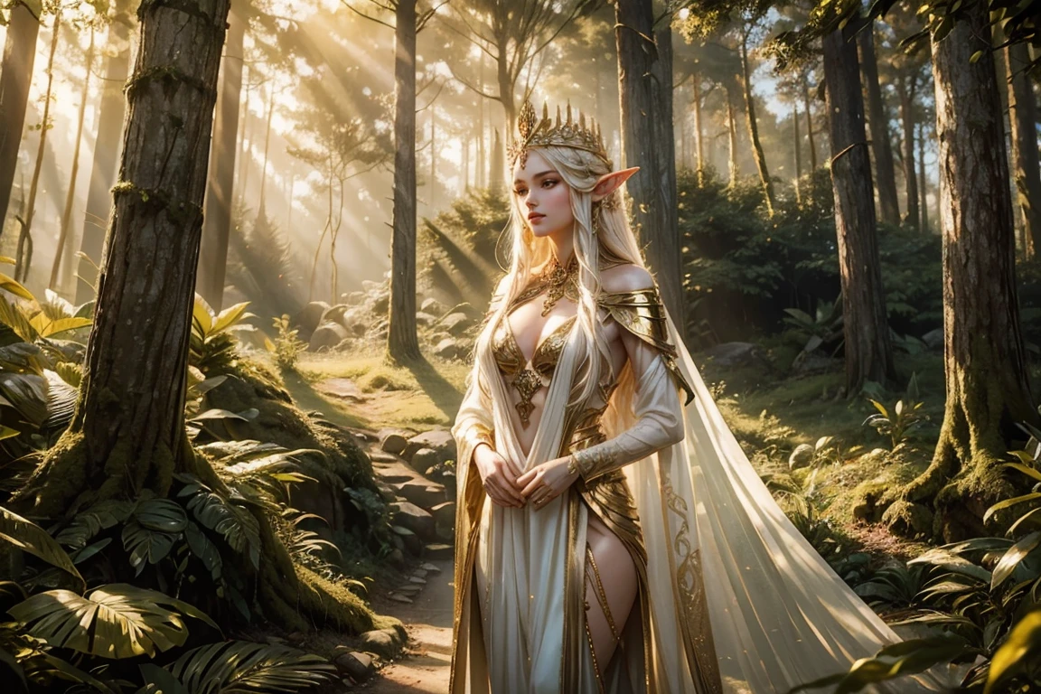 An elven queen with long golden hair, standing in a forest. She wears a sheer white gown with gold accents, her body partially revealed under soft sunlight filtering through the trees. Detailed jewelry adorns her, and her expression is calm and confident.