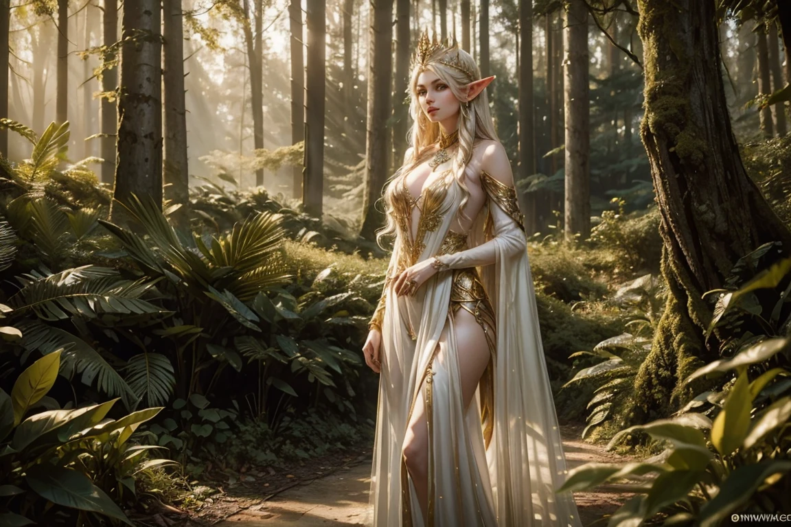 An elven queen with long golden hair, standing in a forest. She wears a sheer white gown with gold accents, her body partially revealed under soft sunlight filtering through the trees. Detailed jewelry adorns her, and her expression is calm and confident.