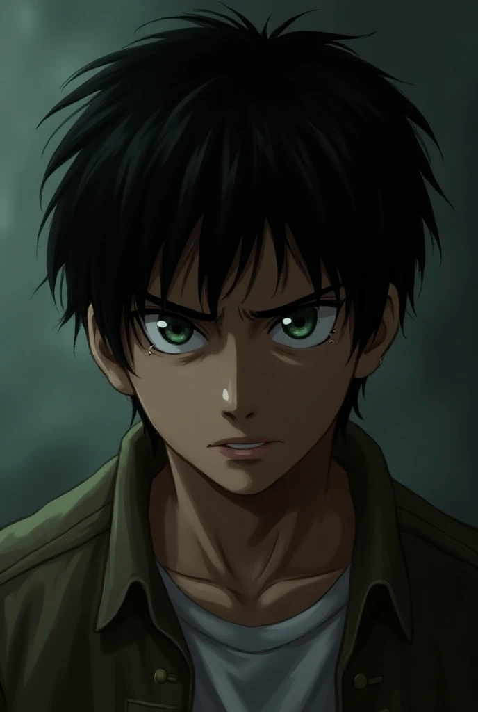 You make a serious man in a dark setting with a melancholic look, with a serious-lipped expression but an angry look.. That the man is 18 years old, skin a bit tanned, dark green eyes. That the boy looks like Eren from the anime Attack on Titan