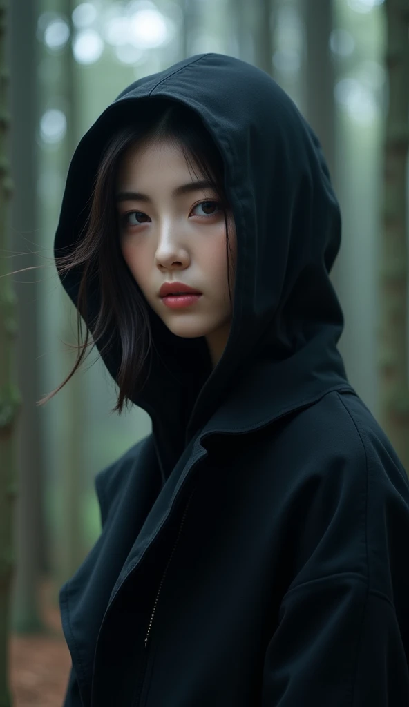 Ultra high quality, artistic, UHD, The artwork contains elements of a dark and brooding design,an East-Asian slender woman, glamorous makeup,night forest, ((straight on)), black hooded coat, soft breeze, serene, dreamy, mystical glow, tall trees and woods , deep forest, The atmosphere highly mysterious and beautiful at the same time. 