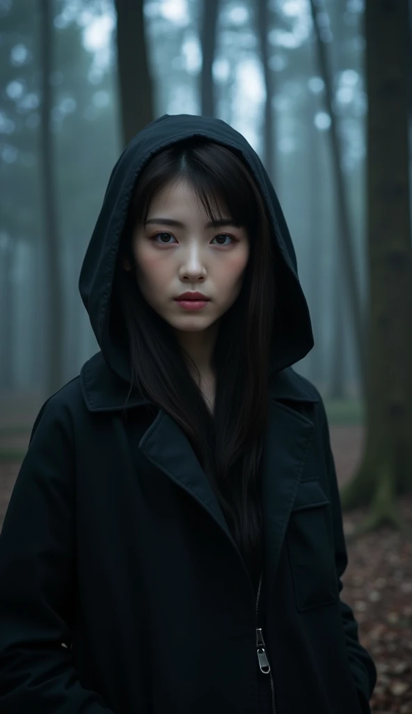 Ultra high quality, artistic, UHD, The artwork contains elements of a dark and brooding design,an East-Asian woman, glamorous makeup,night forest, ((straight on)), black hooded coat, soft breeze, serene, dreamy, mystical glow, tall trees and woods , deep forest, The atmosphere highly mysterious and beautiful at the same time. 