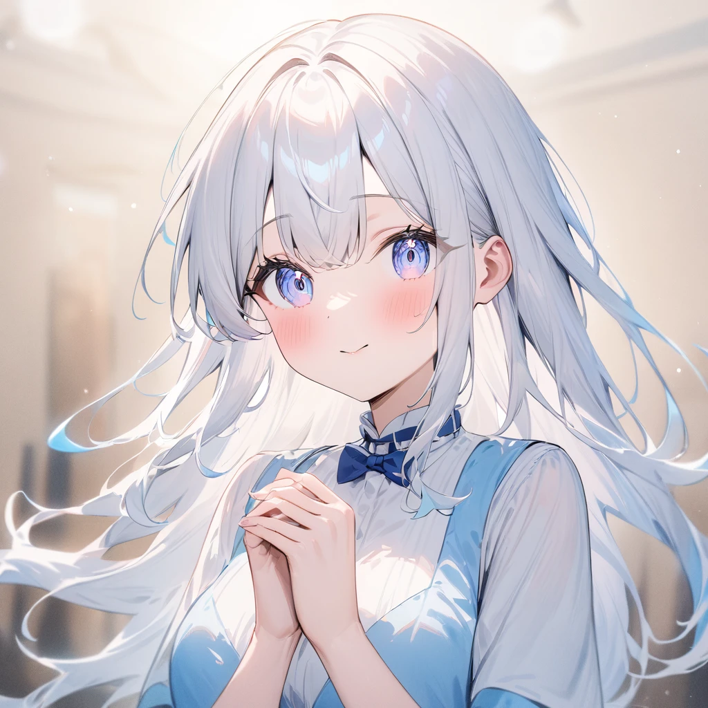 ( anime style:1.4), soft painterly touch 、超 High Resolution ,  Attention to Details, High image quality,  High Resolution , 最High image quality, 4K, 8k, blue luminous clock background 、White Hair Girl、cute, beautiful light effects surrounding the body,donmdj1nnm4g1cXL 、Put your hands together