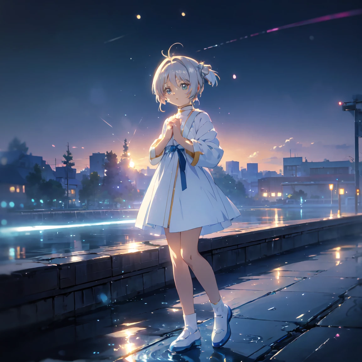 ( anime style:1.4), soft painterly touch 、超 High Resolution ,  Attention to Details, High image quality,  High Resolution , 最High image quality, 4K, 8k, blue luminous clock background 、White Hair Girl、cute, beautiful light effects surrounding the body,donmdj1nnm4g1cXL 、Put your hands together