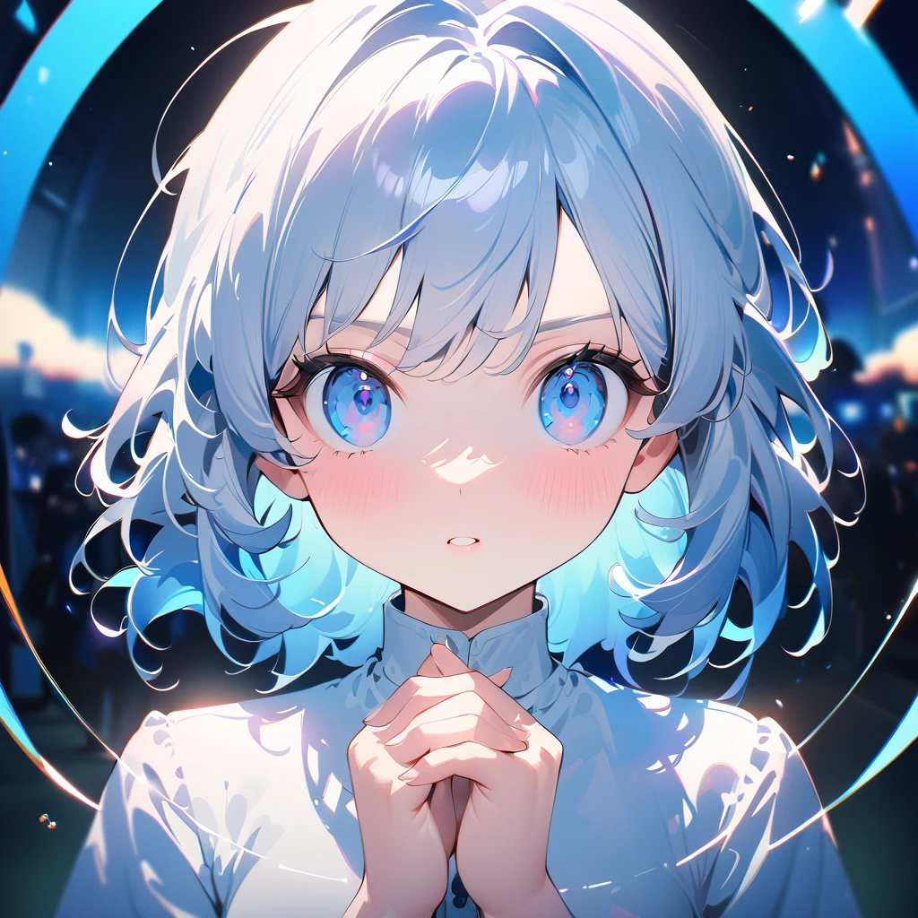 ( anime style:1.4), soft painterly touch 、超 High Resolution ,  Attention to Details, High image quality,  High Resolution , 最High image quality, 4K, 8k, blue luminous clock background 、White Hair Girl、cute, beautiful light effects surrounding the body,donmdj1nnm4g1cXL 、Put your hands together