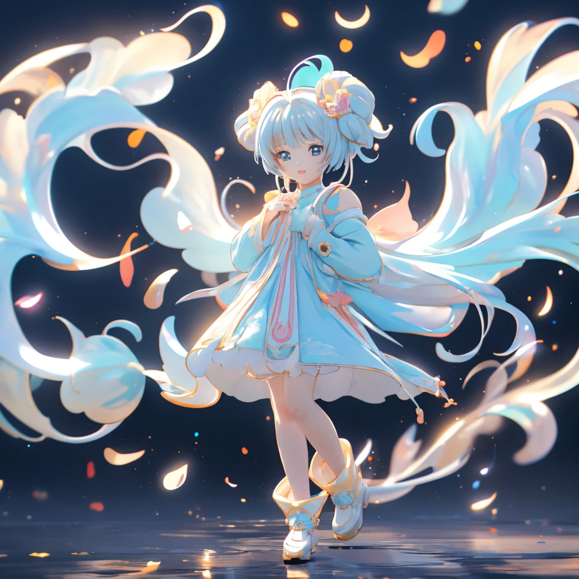 ( anime style:1.4), soft painterly touch 、超 High Resolution ,  Attention to Details, High image quality,  High Resolution , 最High image quality, 4K, 8k, blue luminous clock background 、White Hair Girl、cute, beautiful light effects surrounding the body,donmdj1nnm4g1cXL 、Put your hands together