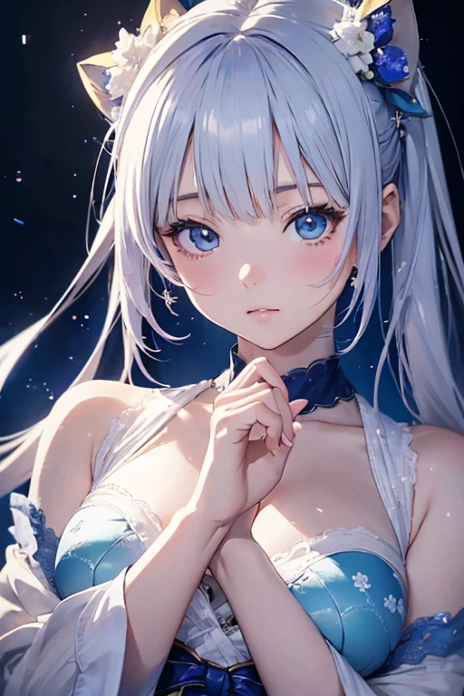 ( anime style:1.4), soft painterly touch 、超 High Resolution ,  Attention to Details, High image quality,  High Resolution , 最High image quality, 4K, 8k, blue luminous clock background 、White Hair Girl、cute, beautiful light effects surrounding the body,donmdj1nnm4g1cXL 、Put your hands together