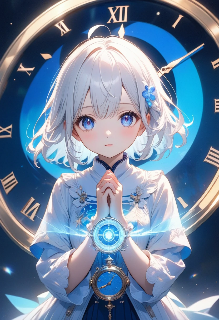 ( anime style:1.4), soft painterly touch 、超 High Resolution ,  Attention to Details, High image quality,  High Resolution , 最High image quality, 4K, 8k, blue luminous clock background 、White Hair Girl、cute, beautiful light effects surrounding the body,donmdj1nnm4g1cXL 、Put your hands together