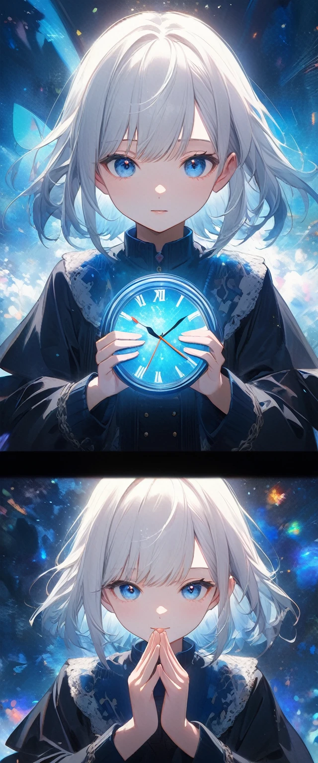 ( anime style:1.4), soft painterly touch 、超 High Resolution ,  Attention to Details, High image quality,  High Resolution , 最High image quality, 4K, 8k, blue luminous clock background 、White Hair Girl、cute, beautiful light effects surrounding the body,donmdj1nnm4g1cXL 、Put your hands together