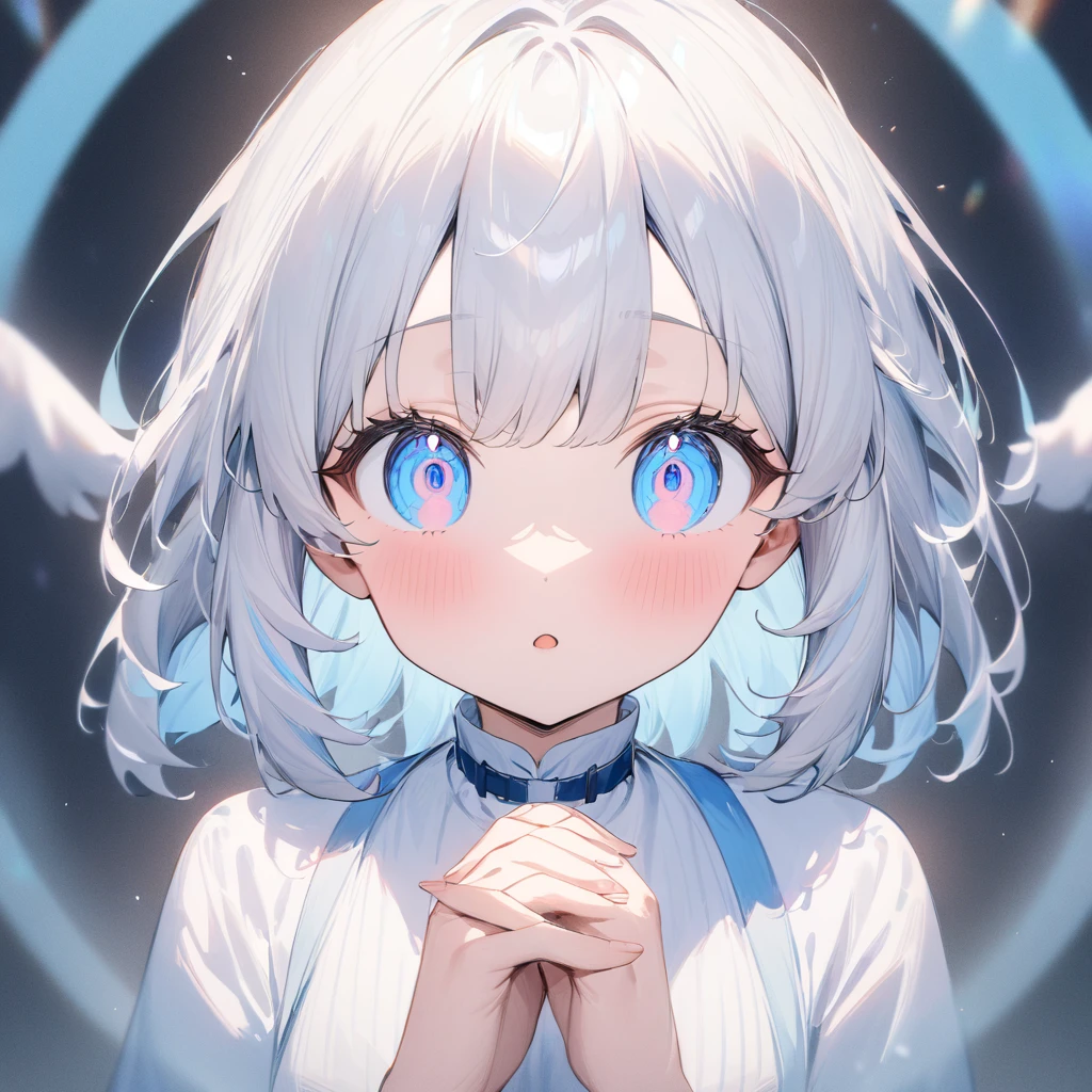 ( anime style:1.4), soft painterly touch 、超 High Resolution ,  Attention to Details, High image quality,  High Resolution , 最High image quality, 4K, 8k, blue luminous clock background 、White Hair Girl、cute, beautiful light effects surrounding the body,donmdj1nnm4g1cXL 、Put your hands together