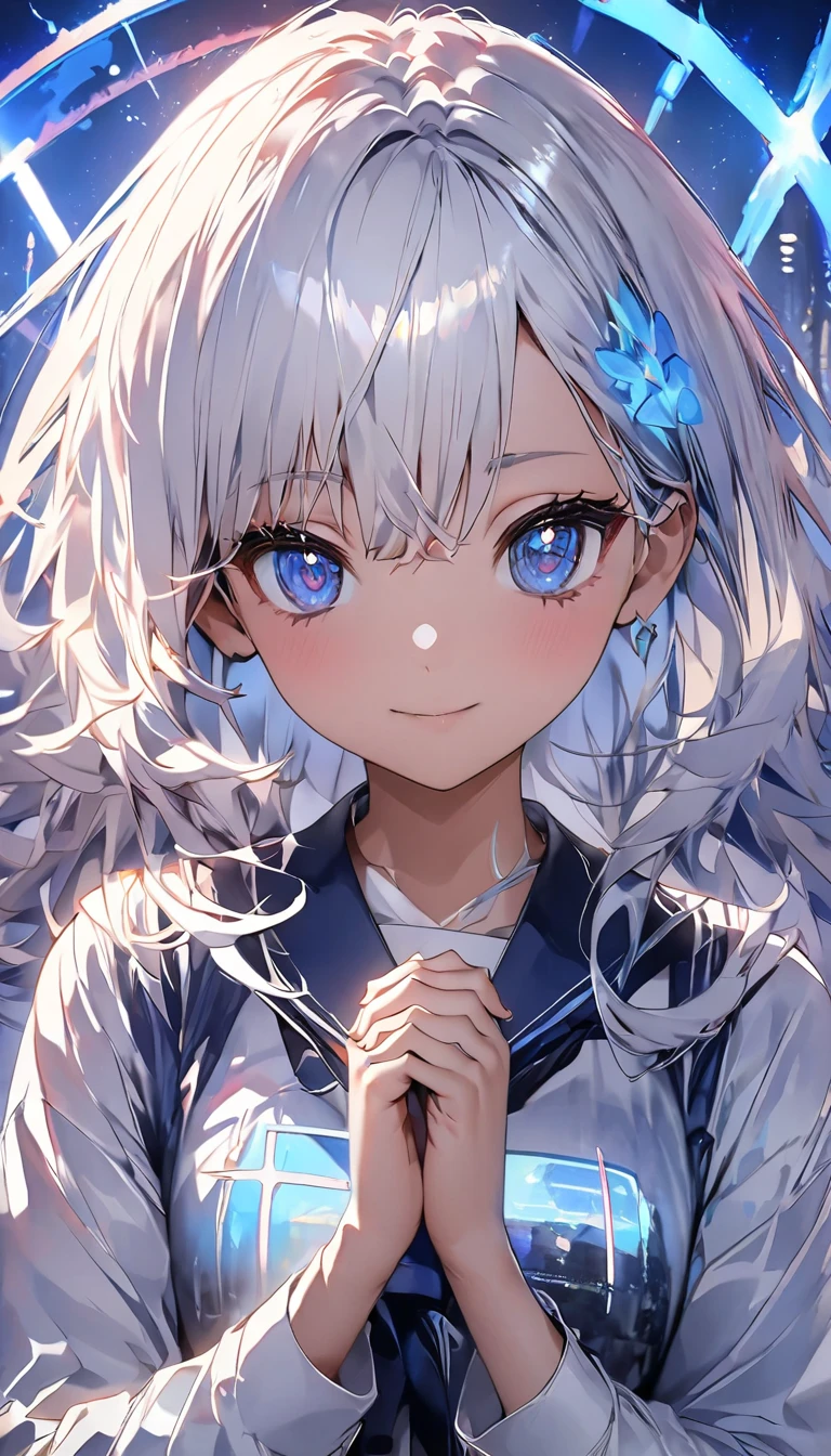 ( anime style:1.4), soft painterly touch 、超 High Resolution ,  Attention to Details, High image quality,  High Resolution , 最High image quality, 4K, 8k, blue luminous clock background 、White Hair Girl、cute, beautiful light effects surrounding the body,donmdj1nnm4g1cXL 、Put your hands together