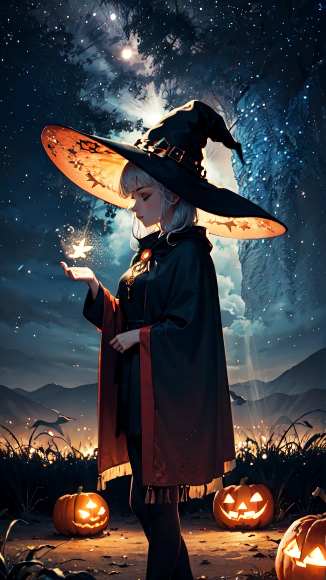 ((Enchanting young woman:1.2) with (flowing silver hair:1.1, ethereal glow:1.0)) wearing ((intricate witch costume:1.3) with (shimmering starry patterns:1.2, billowing midnight-blue cloak:1.1)) BREAK (Misty moonlit forest:1.1) with (ancient gnarled trees:1.0, glowing jack-o'-lanterns:1.2) BREAK (Swirling autumn leaves:1.1, dancing fireflies:1.0) BREAK (Mystical purple fog:1.2, twinkling stars:1.0) BREAK (Hyperdetailed textures, volumetric lighting, ray-traced shadows, 8K resolution, cinematic atmosphere)