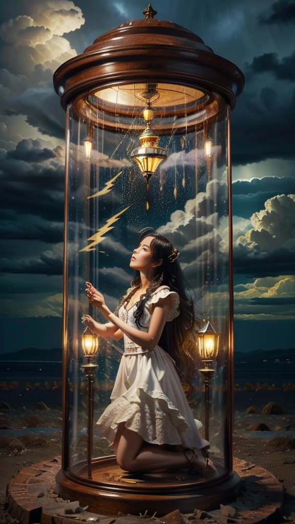 A high-resolution, aggressive, and highly detailed illustration of a beautiful Latin girl with a tan skin tone. She has long black hair and is wearing a white dress with intricate patterns. The girl is inside a huge, antique hourglass. She is looking up at a floating, antique clock with a lamp on top. The clock has a dark, cloudy sky with rain clouds and lightning. The background is a dark, night sky with rain clouds and lightning. The overall image has a baroque style and is in the Hiroyuki Nagasaka style.