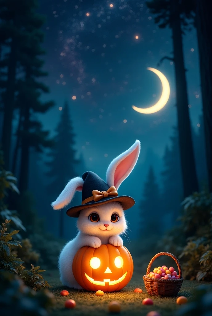 A pumpkin, lit pumpkin, white rabbit with hat, rabbit, forest, night sky, stars, moon, detailed night, detailed forest, galaxy sky, a basket of candy