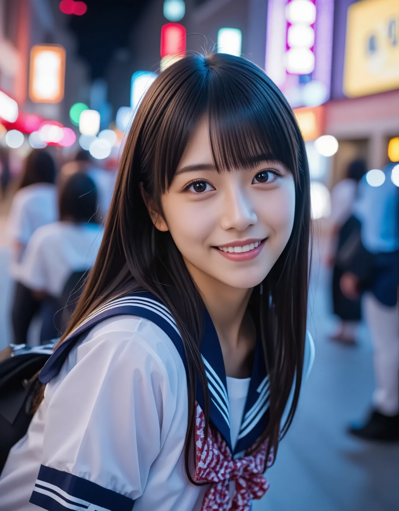 (8k、Original photo、top-quality、masterpiece:1.2)、(Realistic、 Photorealistic :1.37)、  ultra detail 、Super A high resolution、1 girl、young、(Super cute idol-like face:1.2),  beautiful detailed face 、((Smiling with teeth showing))、(Beautiful figure,  slim waist ) 、Beautiful detailed skin、 skin texture、 Professional Writing、whole body、少し長めのBob Hair、Black Hair、With bangs, Japanese High School Uniform、((Sailor school uniform))、on the road、night、Neon Street、Shibuya, Tokyo、Bob Hair、Happy smile