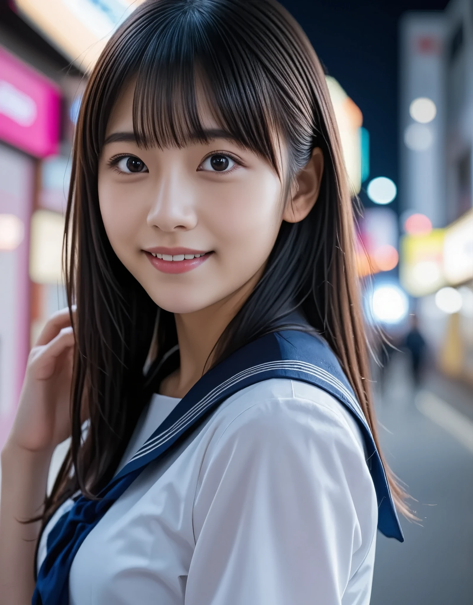 (8k、Original photo、top-quality、masterpiece:1.2)、(Realistic、 Photorealistic :1.37)、  ultra detail 、Super A high resolution、1 girl、young、(Super cute idol-like face:1.2),  beautiful detailed face 、((Smiling with teeth showing))、(Beautiful figure,  slim waist ) 、Beautiful detailed skin、 skin texture、 Professional Writing、whole body、少し長めのBob Hair、Black Hair、With bangs, Japanese High School Uniform、((Sailor school uniform))、on the road、night、Neon Street、Shibuya, Tokyo、Bob Hair、Happy smile