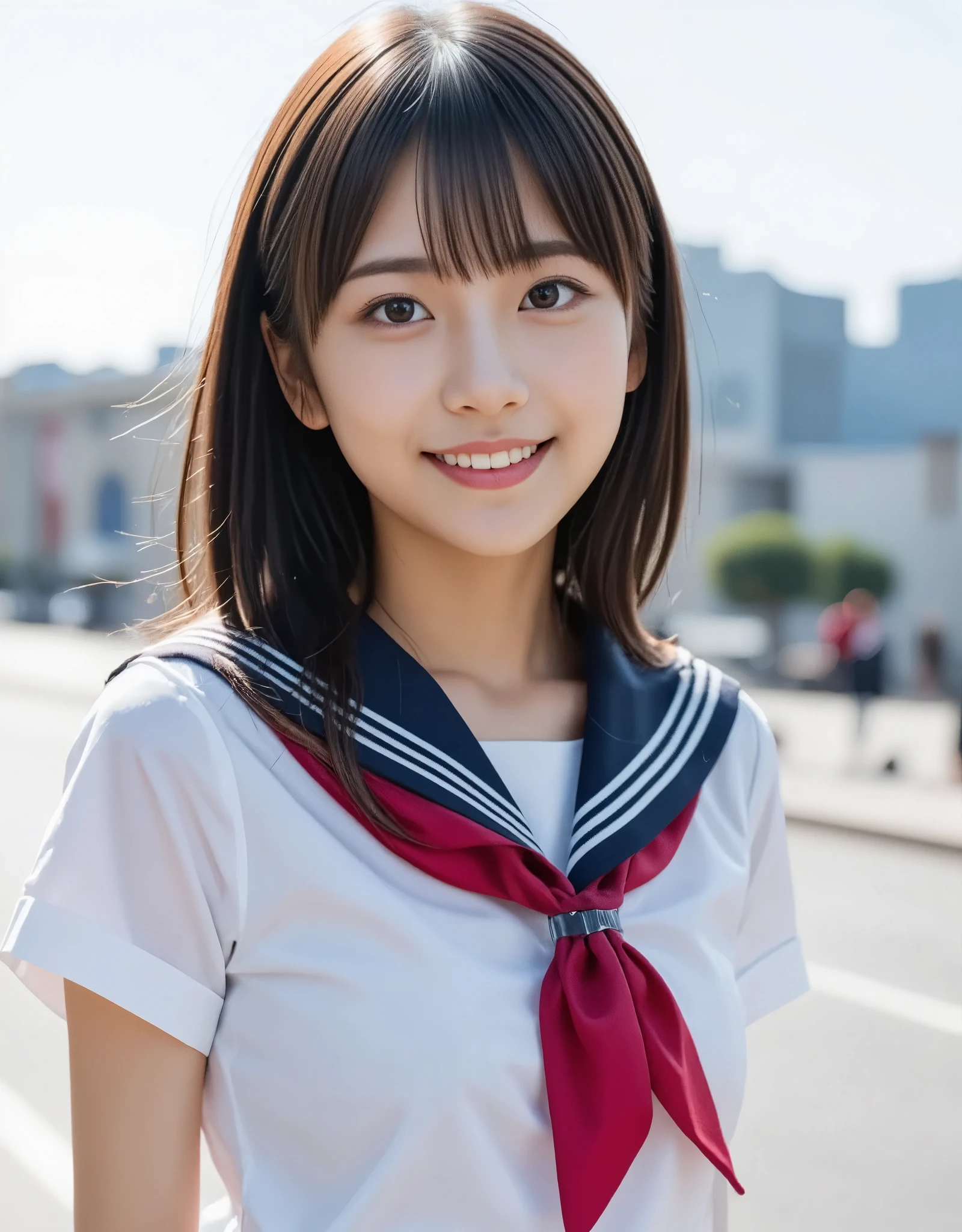 (8k、Original photo、top-quality、masterpiece:1.2)、(Realistic、 Photorealistic :1.37)、  ultra detail 、Super A high resolution、1 girl、High school girl, young、(beautiful girl, Baby Face, Super cute idol-like face:1.2),  beautiful detailed face 、((Smiling with teeth showing))、(Beautiful figure,  slim waist ) 、Beautiful detailed skin、 skin texture、 Professional Writing、whole body、Slightly longer bob hair、Black Hair、With bangs, Japanese High School Uniform、((Sailor school uniform))、on the road、Daytime、(Background Blur、Shibuya, Tokyo)、Happy smile