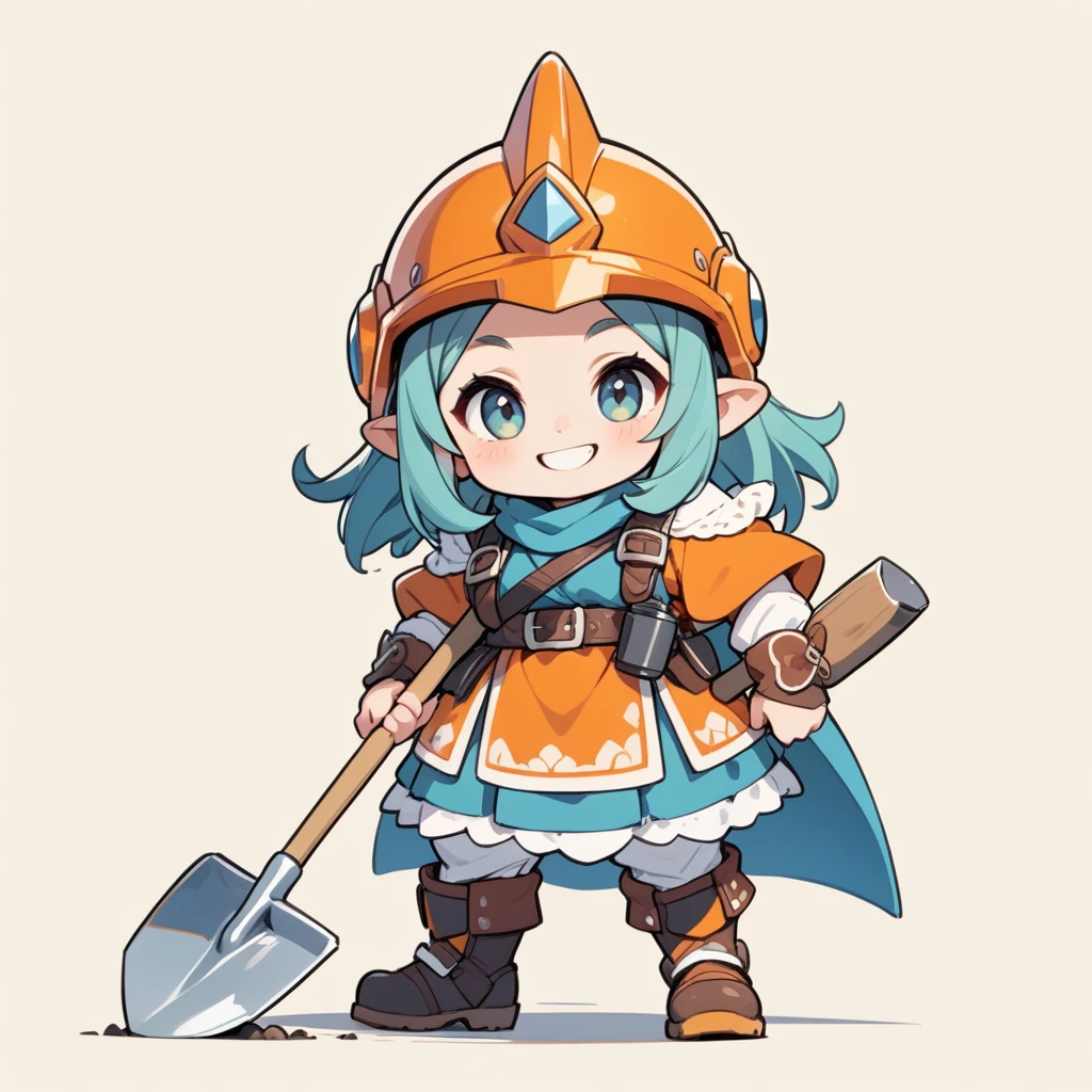 1 Dwarf girl, solo, full body, wearing a helmet and holding a shovel, smiling, simple background