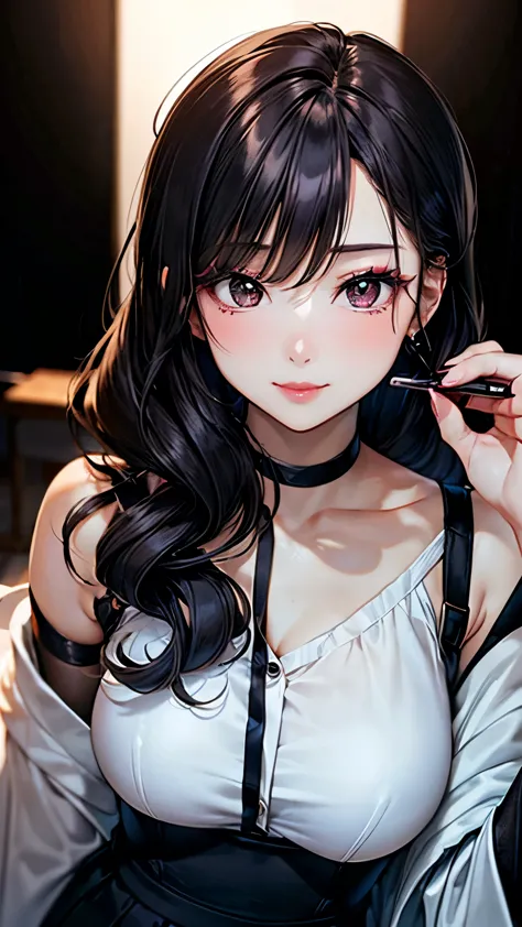 an anime-style 28-year-old japanese beauty influencer named aya fujiwara with long, glossy straight black hair and large, expres...