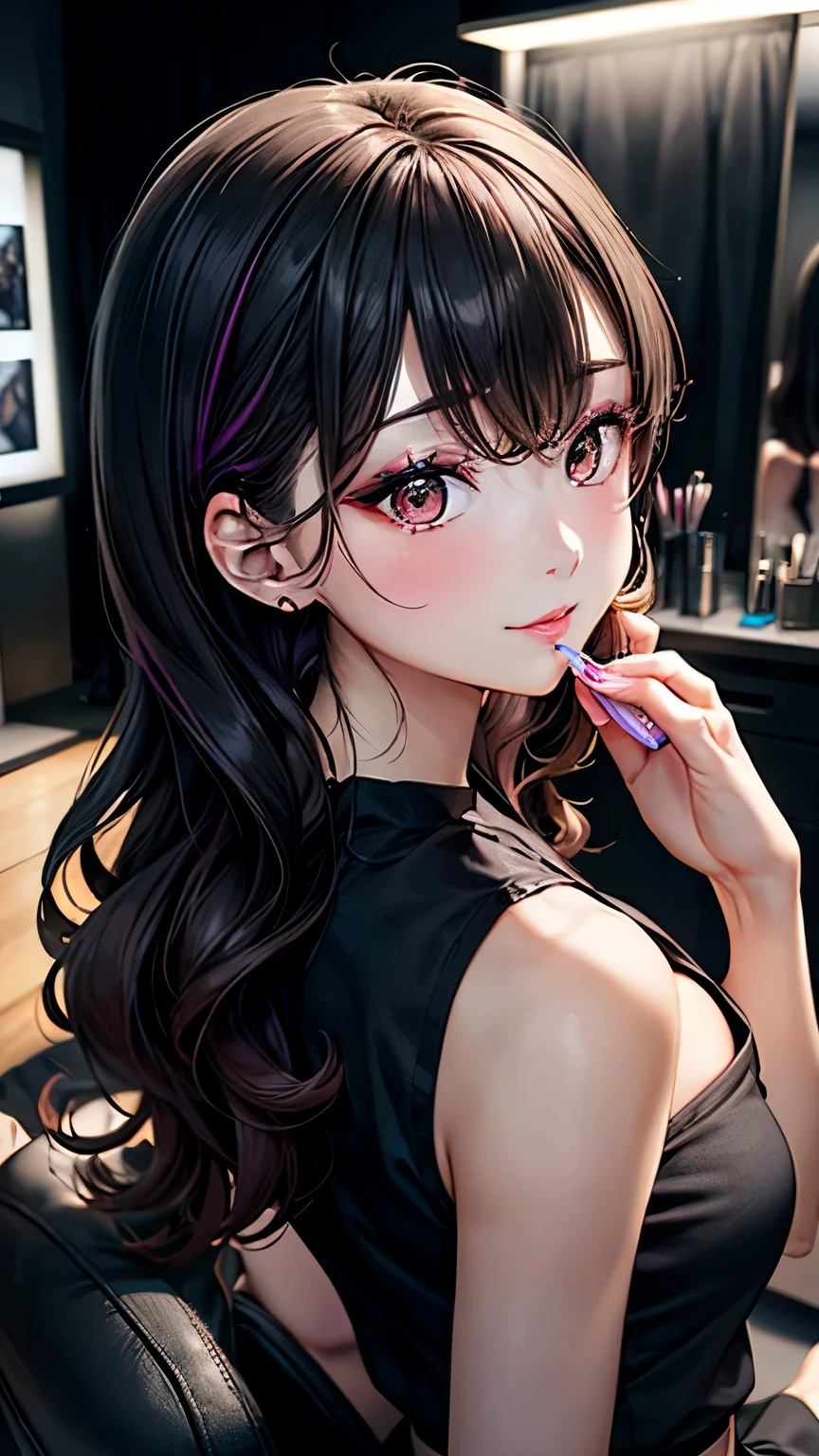 An anime-style 28-year-old Japanese beauty influencer named Aya Fujiwara with long, glossy straight black hair and large, expressive dark brown eyes. She is wearing a stylish elegant blouse paired with a high-waisted skirt and fashionable accessories, including chic nude heels that complement her outfit. Aya is depicted from head to toe in a modern, chic studio setting with a well-lit makeup station, either applying makeup with a brush or taking a selfie with her smartphone. High detail, vibrant colors, professional lighting, glamorous atmosphere.
