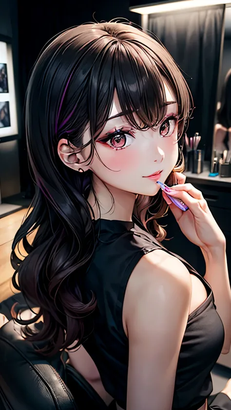 an anime-style 28-year-old japanese beauty influencer named aya fujiwara with long, glossy straight black hair and large, expres...