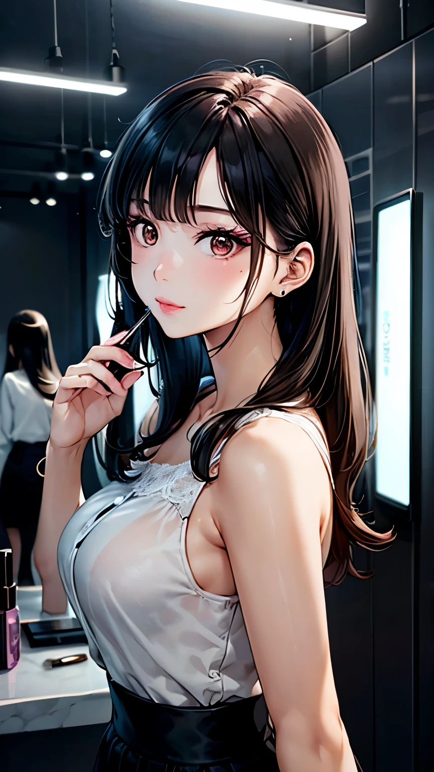 An anime-style 28-year-old Japanese beauty influencer named Aya Fujiwara with long, glossy straight black hair and large, expressive dark brown eyes. She is wearing a stylish elegant blouse paired with a high-waisted skirt and fashionable accessories, including chic nude heels that complement her outfit. Aya is depicted from head to toe in a modern, chic studio setting with a well-lit makeup station, either applying makeup with a brush or taking a selfie with her smartphone. High detail, vibrant colors, professional lighting, glamorous atmosphere.
