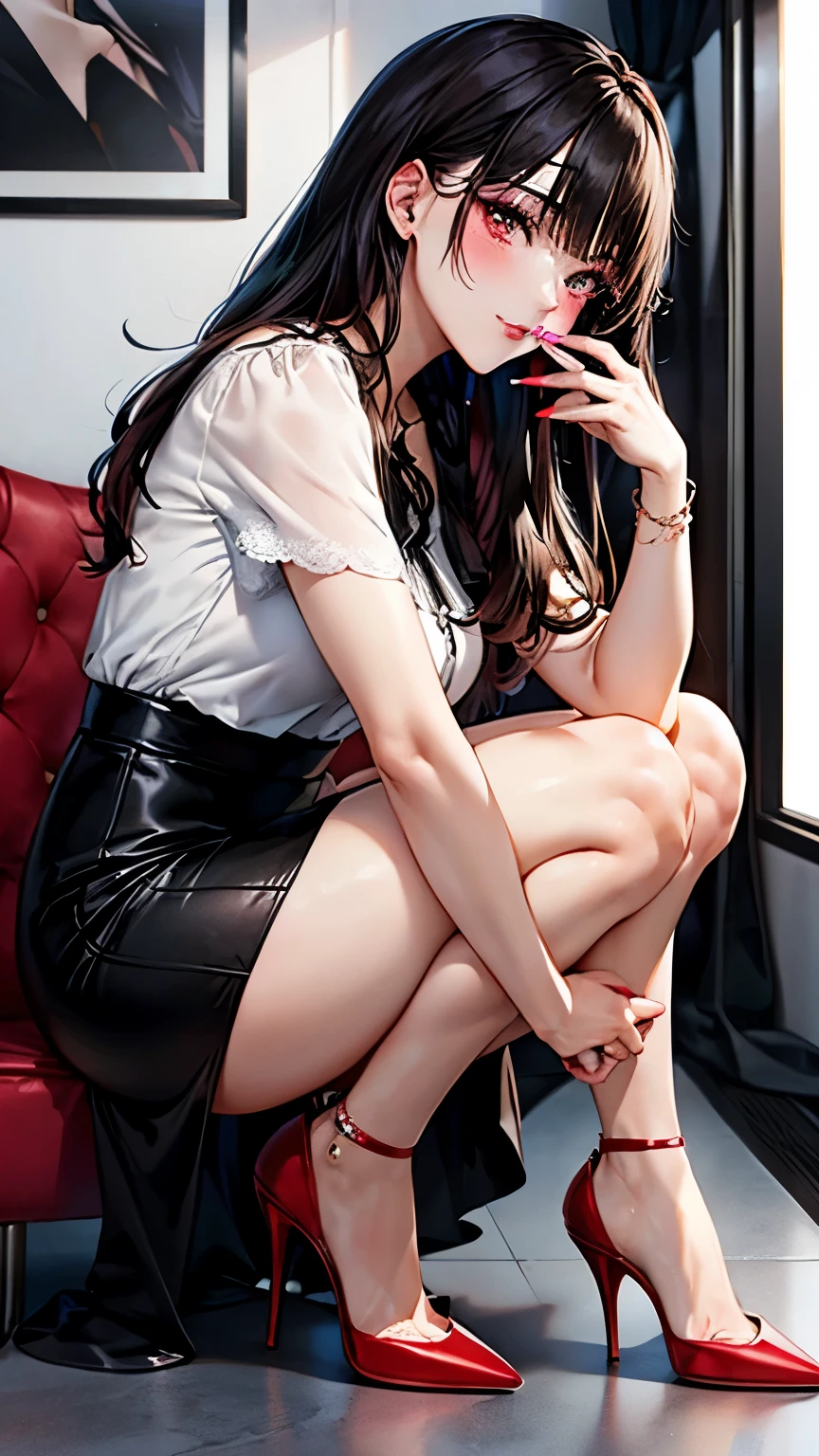 An anime-style 28-year-old Japanese beauty influencer named Aya Fujiwara with long, glossy straight black hair and large, expressive dark brown eyes. She is wearing a stylish elegant blouse paired with a high-waisted skirt and fashionable accessories, including chic high-heeled stilettos in a vibrant red color that complement her outfit. Aya is depicted from head to toe in a modern, chic studio setting with a minimalistic makeup station, either applying makeup with a brush or posing gracefully for her social media without holding a smartphone. The stylish red heels are prominently visible, adding a glamorous touch to her look. High detail, vibrant colors, professional lighting, glamorous atmosphere.
