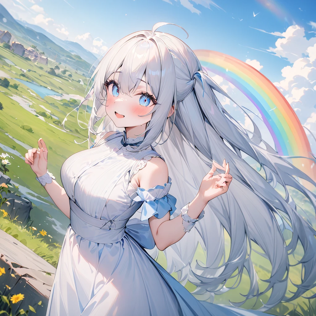 (( surprisingly absurd )),(masterpiece:1.2),超 High Resolution ,  Attention to Details, High image quality,  High Resolution , 最High image quality, 4K, 8k、so beautiful、landscape、landscape painting、Endless blue sky、A rainbow appears、There is a group of ruins、Dandelion fluff soars,rainbow