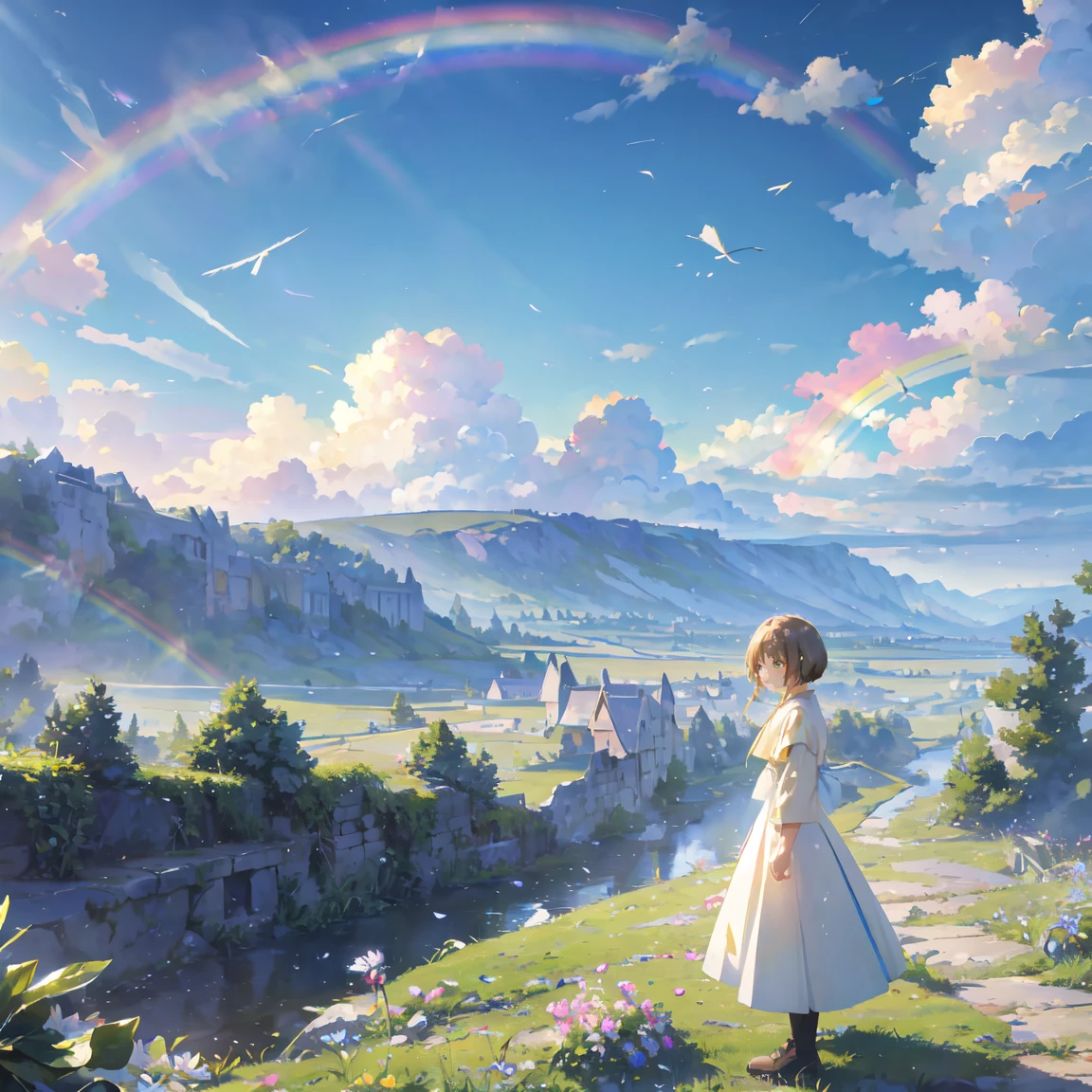 (( surprisingly absurd )),(masterpiece:1.2),超 High Resolution ,  Attention to Details, High image quality,  High Resolution , 最High image quality, 4K, 8k、so beautiful、landscape、landscape painting、Endless blue sky、A rainbow appears、There is a group of ruins、Dandelion fluff soars,rainbow