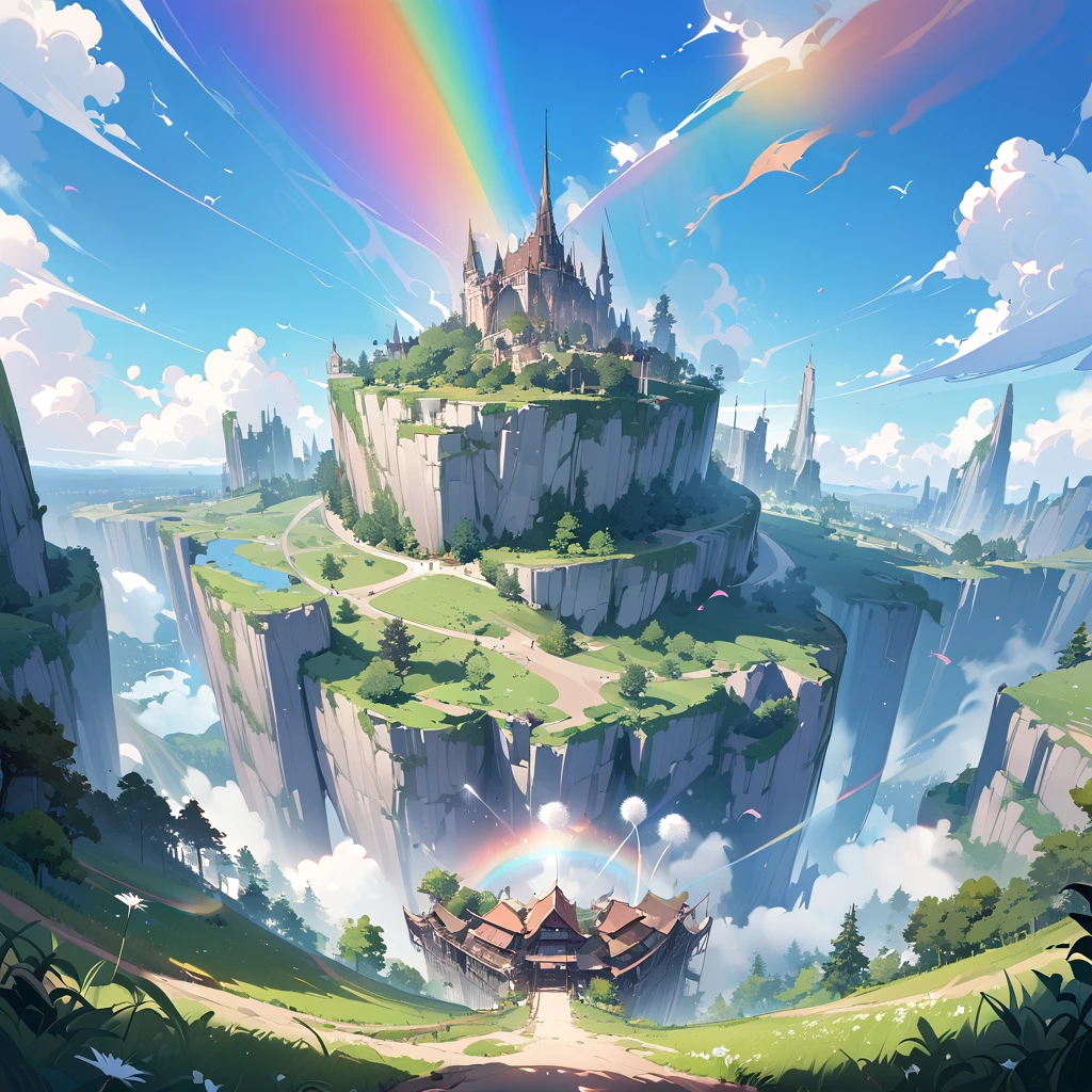 (( surprisingly absurd )),(masterpiece:1.2),超 High Resolution ,  Attention to Details, High image quality,  High Resolution , 最High image quality, 4K, 8k、so beautiful、landscape、landscape painting、Endless blue sky、A rainbow appears、There is a group of ruins、Dandelion fluff soars,rainbow