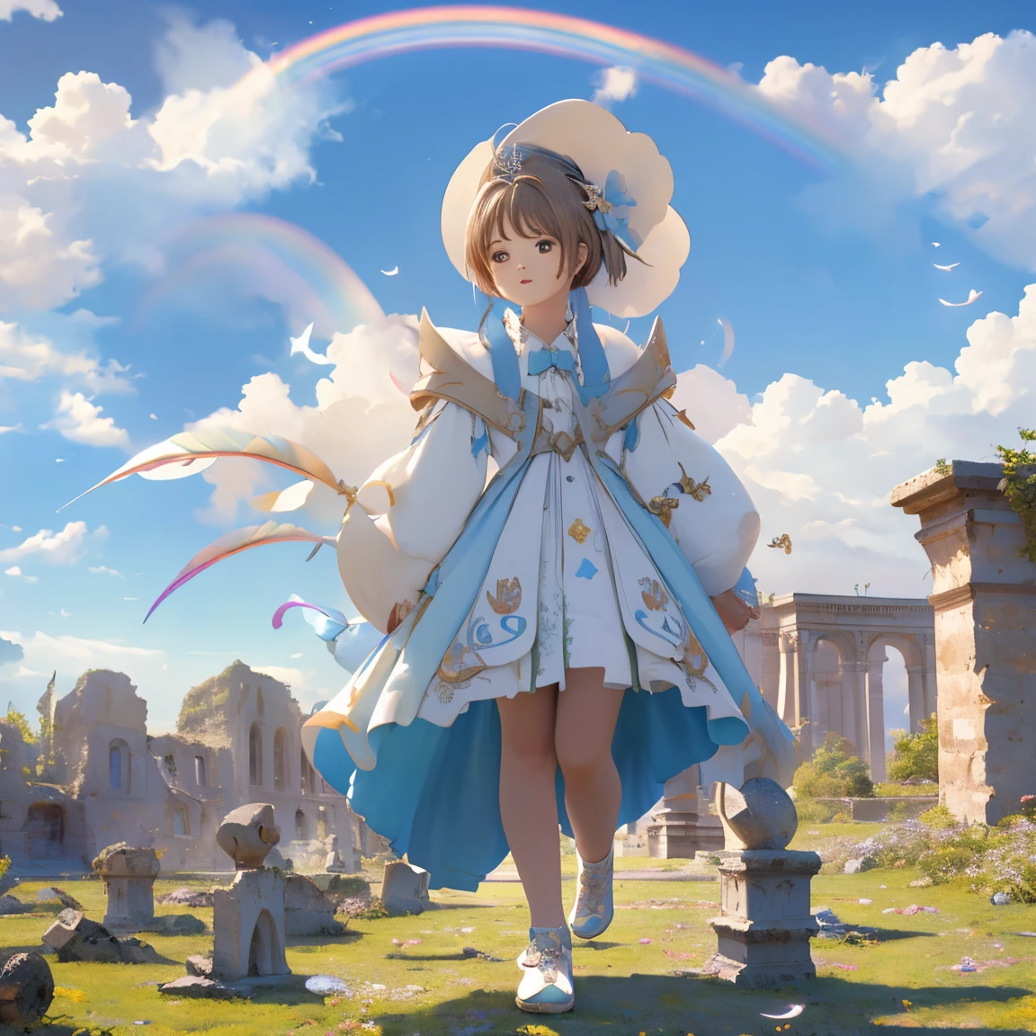 (( surprisingly absurd )),(masterpiece:1.2),超 High Resolution ,  Attention to Details, High image quality,  High Resolution , 最High image quality, 4K, 8k、so beautiful、landscape、landscape painting、Endless blue sky、A rainbow appears、There is a group of ruins、Dandelion fluff soars,rainbow