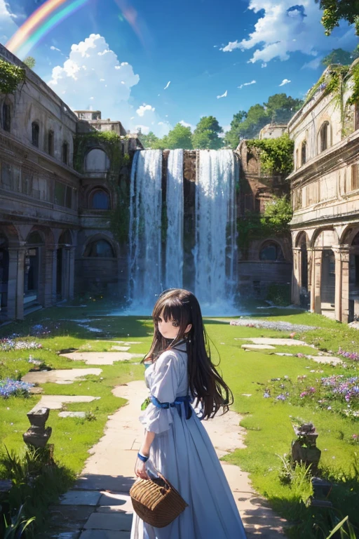 (( surprisingly absurd )),(masterpiece:1.2),超 High Resolution ,  Attention to Details, High image quality,  High Resolution , 最High image quality, 4K, 8k、so beautiful、landscape、landscape painting、Endless blue sky、A rainbow appears、There is a group of ruins、Dandelion fluff soars,rainbow