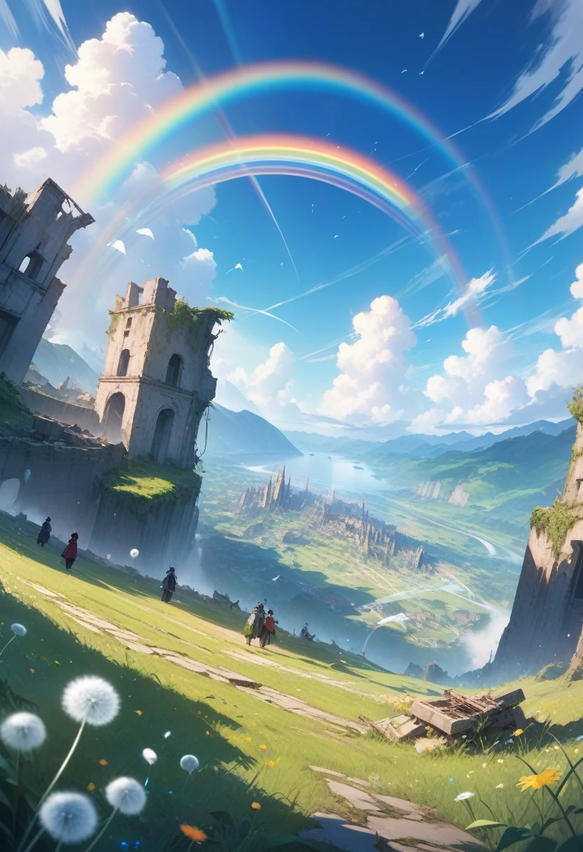 (( surprisingly absurd )),(masterpiece:1.2),超 High Resolution ,  Attention to Details, High image quality,  High Resolution , 最High image quality, 4K, 8k、so beautiful、landscape、landscape painting、Endless blue sky、A rainbow appears、There is a group of ruins、Dandelion fluff soars,rainbow