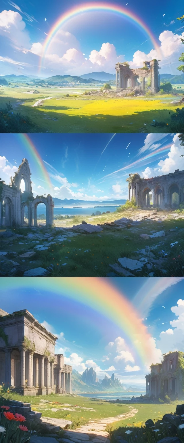 (( surprisingly absurd )),(masterpiece:1.2),超 High Resolution ,  Attention to Details, High image quality,  High Resolution , 最High image quality, 4K, 8k、so beautiful、landscape、landscape painting、Endless blue sky、A rainbow appears、There is a group of ruins、Dandelion fluff soars,rainbow