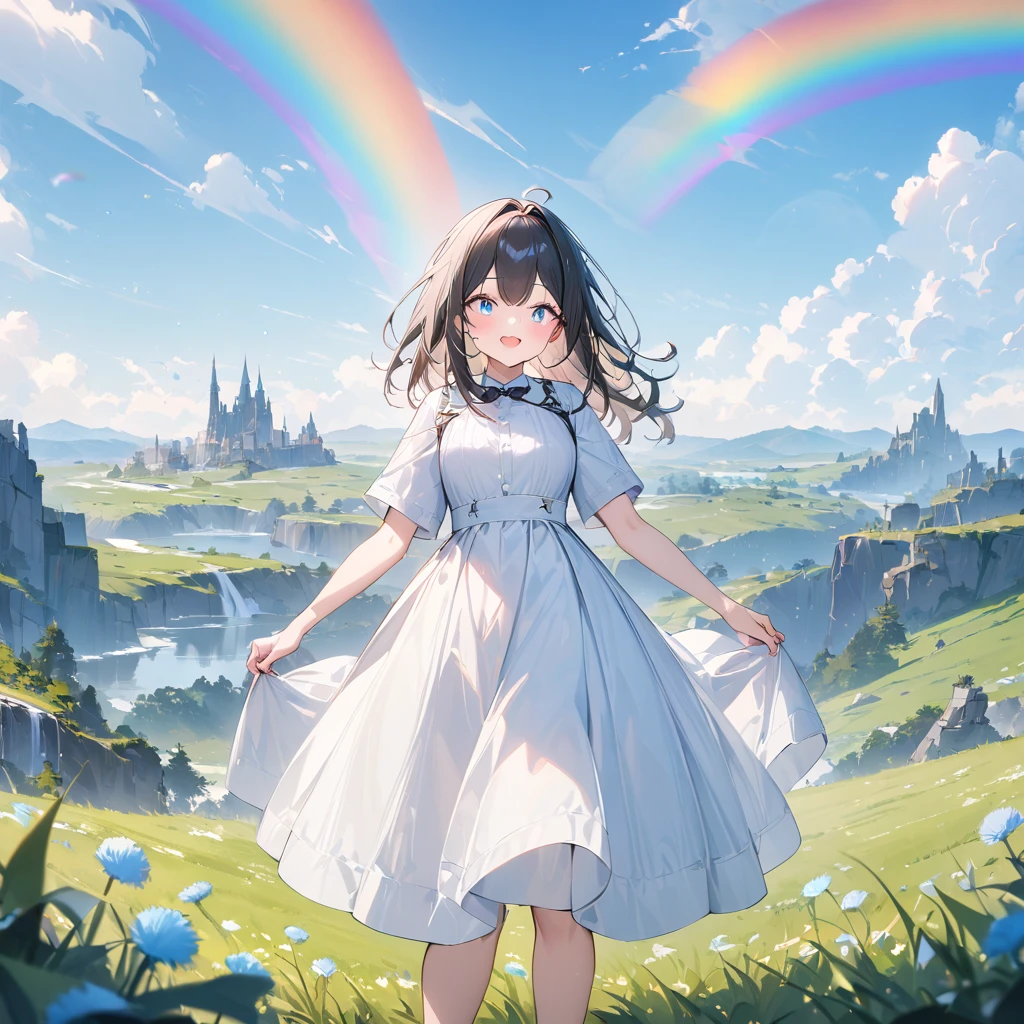 (( surprisingly absurd )),(masterpiece:1.2),超 High Resolution ,  Attention to Details, High image quality,  High Resolution , 最High image quality, 4K, 8k、so beautiful、landscape、landscape painting、Endless blue sky、A rainbow appears、There is a group of ruins、Dandelion fluff soars,rainbow