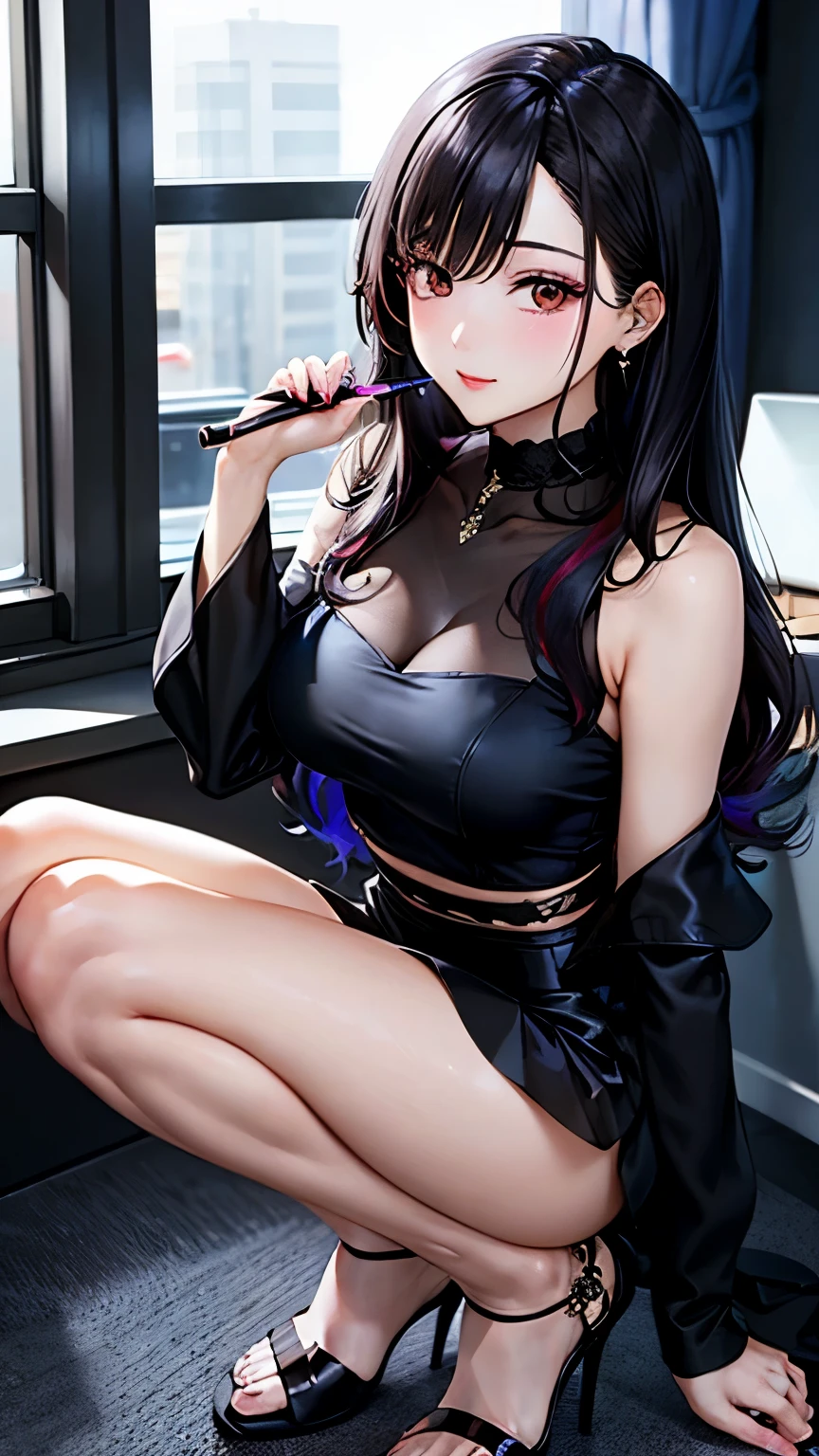 An anime-style 28-year-old Japanese beauty influencer named Aya Fujiwara with long, glossy straight black hair and large, expressive dark brown eyes. She is wearing a stylish elegant blouse paired with a high-waisted skirt and fashionable accessories, including chic high-heeled stilettos in a vibrant color that complement her outfit. Aya is depicted from head to toe in a modern, chic studio setting, either applying makeup or posing elegantly for her social media. The stylish heels are prominently visible, adding a glamorous touch to her look. High detail, vibrant colors, professional lighting, glamorous atmosphere.
