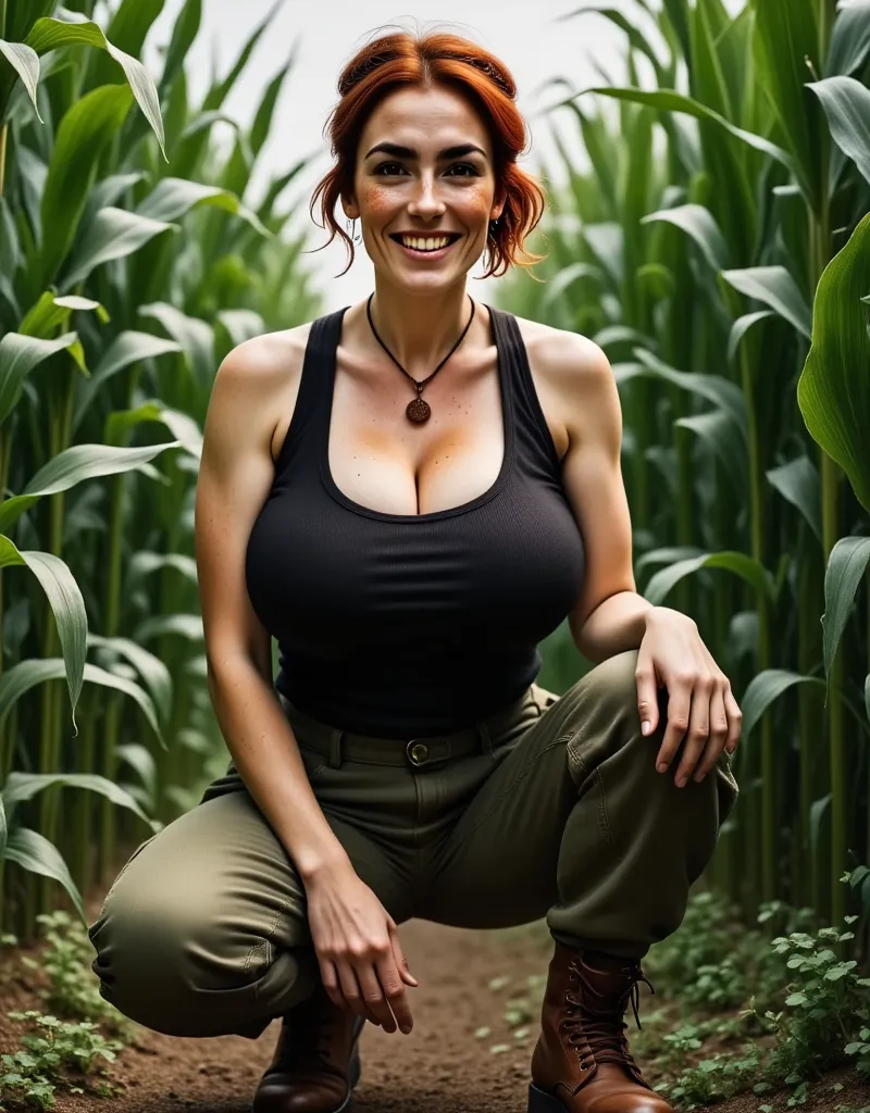 photorealistic, cinematic style, low angle picture of a beautiful british woman kneeling in a cornfield between rows of tall cor...