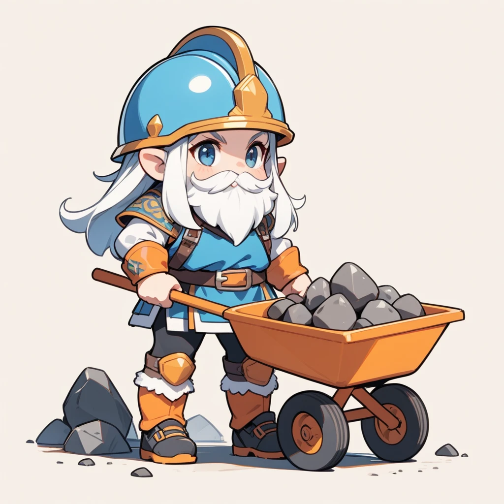 1 Dwarf girl, solo, full body, wearing a helmet and holding a shovel, smiling, simple background