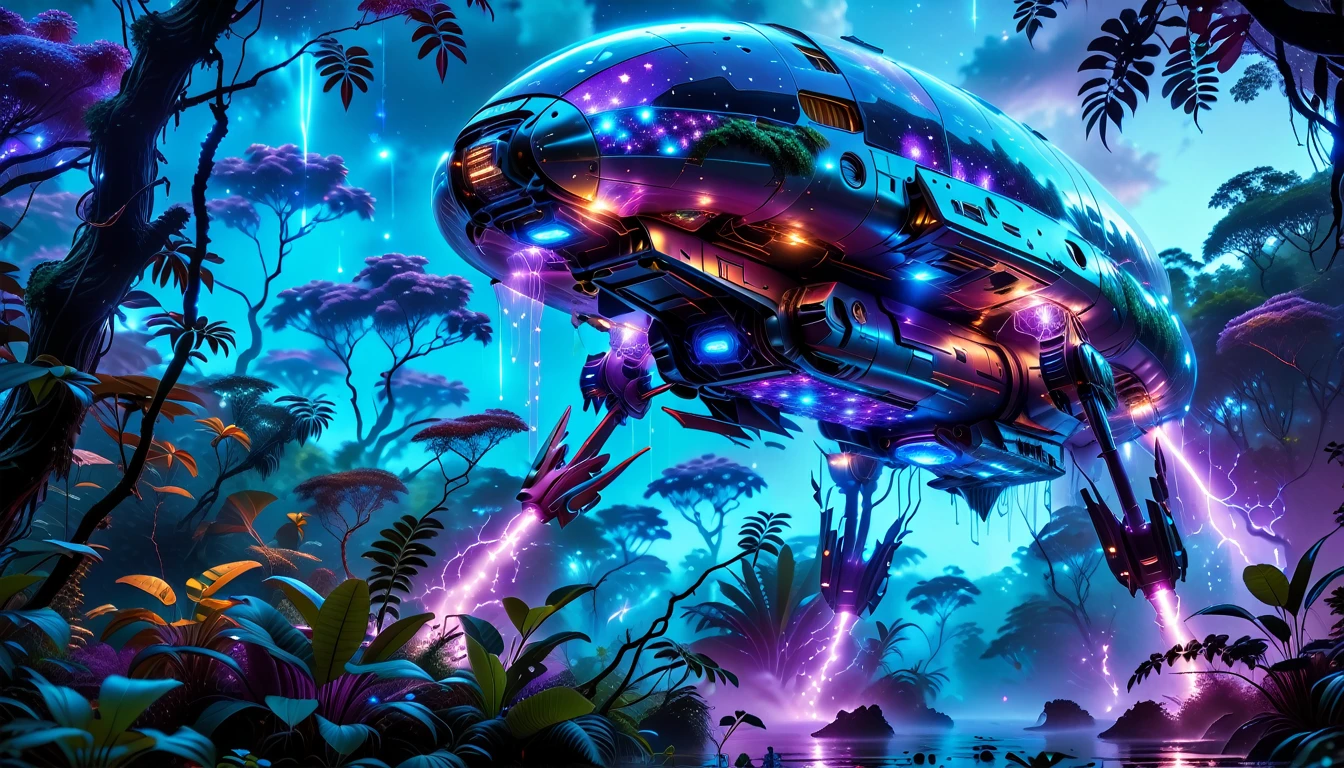 A Masterpiece In 32K Resolution, Supreme Quality, Super Detail, Official Art, Very High-Resolution 32K Wallpaper, Beautiful And Aesthetic, Ultra-Detailed Features, Awe-Inspiring Detail. Towering Bioluminescent Trees Stretch Into A Purple Sky, Their Branches Pulsing With Electric Blue Light. Strange Alien Creatures Crawl Through The Underbrush, Their Eyes Glowing With Intelligence. A Crashed Spaceship Lies Half-Buried In The Jungle, Its Lights Flickering. Giant Floating Beasts Drift Through The Air, Their Silhouettes Blending With The Exotic Landscape.