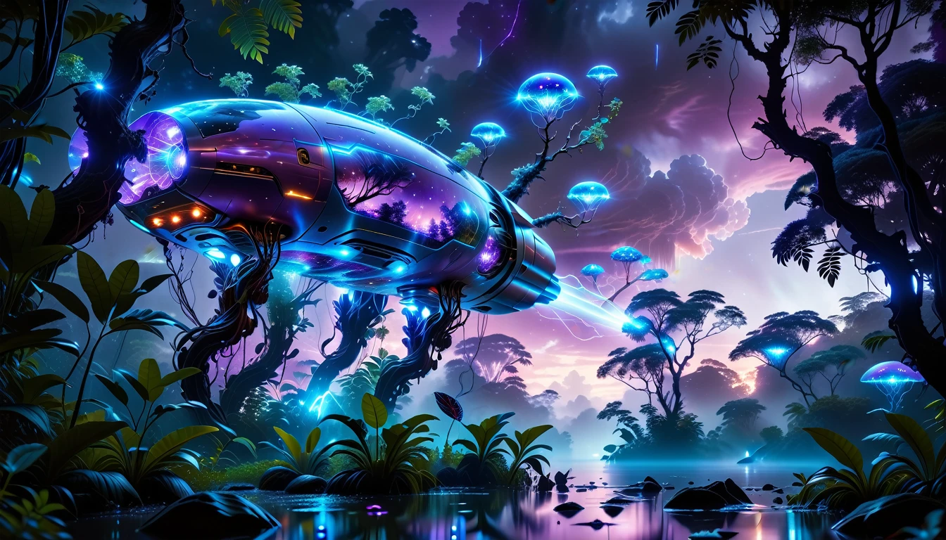 A Masterpiece In 32K Resolution, Supreme Quality, Super Detail, Official Art, Very High-Resolution 32K Wallpaper, Beautiful And Aesthetic, Ultra-Detailed Features, Awe-Inspiring Detail. Towering Bioluminescent Trees Stretch Into A Purple Sky, Their Branches Pulsing With Electric Blue Light. Strange Alien Creatures Crawl Through The Underbrush, Their Eyes Glowing With Intelligence. A Crashed Spaceship Lies Half-Buried In The Jungle, Its Lights Flickering. Giant Floating Beasts Drift Through The Air, Their Silhouettes Blending With The Exotic Landscape.