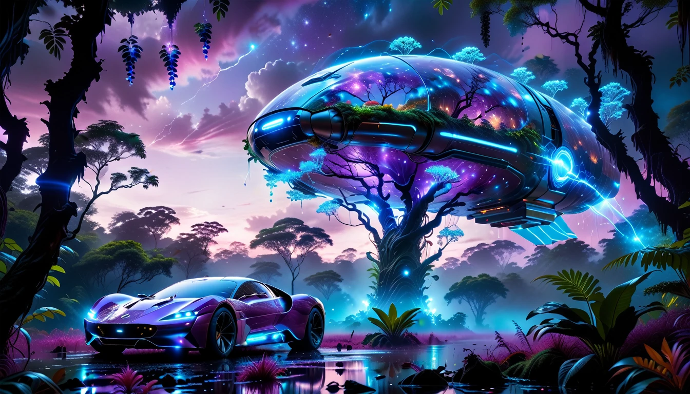 A Masterpiece In 32K Resolution, Supreme Quality, Super Detail, Official Art, Very High-Resolution 32K Wallpaper, Beautiful And Aesthetic, Ultra-Detailed Features, Awe-Inspiring Detail. Towering Bioluminescent Trees Stretch Into A Purple Sky, Their Branches Pulsing With Electric Blue Light. Strange Alien Creatures Crawl Through The Underbrush, Their Eyes Glowing With Intelligence. A Crashed Spaceship Lies Half-Buried In The Jungle, Its Lights Flickering. Giant Floating Beasts Drift Through The Air, Their Silhouettes Blending With The Exotic Landscape.