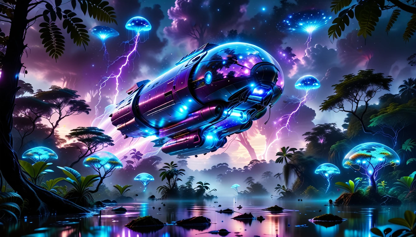 A Masterpiece In 32K Resolution, Supreme Quality, Super Detail, Official Art, Very High-Resolution 32K Wallpaper, Beautiful And Aesthetic, Ultra-Detailed Features, Awe-Inspiring Detail. Towering Bioluminescent Trees Stretch Into A Purple Sky, Their Branches Pulsing With Electric Blue Light. Strange Alien Creatures Crawl Through The Underbrush, Their Eyes Glowing With Intelligence. A Crashed Spaceship Lies Half-Buried In The Jungle, Its Lights Flickering. Giant Floating Beasts Drift Through The Air, Their Silhouettes Blending With The Exotic Landscape.