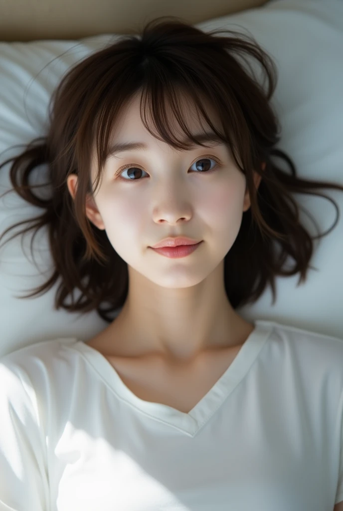 Beautiful slender girl lying on bed, , (Highest quality:1.4), (Very detailed), (Very detaileface), (Sleepy eyes:1.5), White T-shirt, Great face and eyes, iris, Medium Hair, The Beauty of Japan, (Skinny body type:1.3), (Flat Chest:1.3), (smile), Smooth, Very detailed CG synthesis 8k wallpaper, High-resolution RAW color photos, Professional photography, Light, BackLight, dream-like, impressive, Written boundary depth, Bedroom, (Face close-up:1.3), (Shot from above:1.5)