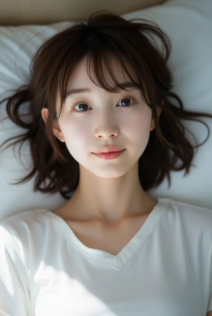 beautiful slender girl lying on bed, , (highest quality:1.4), (very detailed), (very detaileface), (sleepy eyes:1.5), white t-sh...