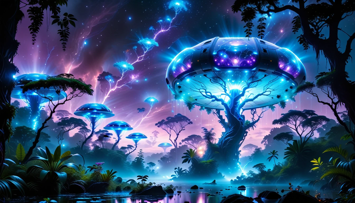 A Masterpiece In 32K Resolution, Supreme Quality, Super Detail, Official Art, Very High-Resolution 32K Wallpaper, Beautiful And Aesthetic, Ultra-Detailed Features, Awe-Inspiring Detail. Towering Bioluminescent Trees Stretch Into A Purple Sky, Their Branches Pulsing With Electric Blue Light. Strange Alien Creatures Crawl Through The Underbrush, Their Eyes Glowing With Intelligence. A Crashed Spaceship Lies Half-Buried In The Jungle, Its Lights Flickering. Giant Floating Beasts Drift Through The Air, Their Silhouettes Blending With The Exotic Landscape.