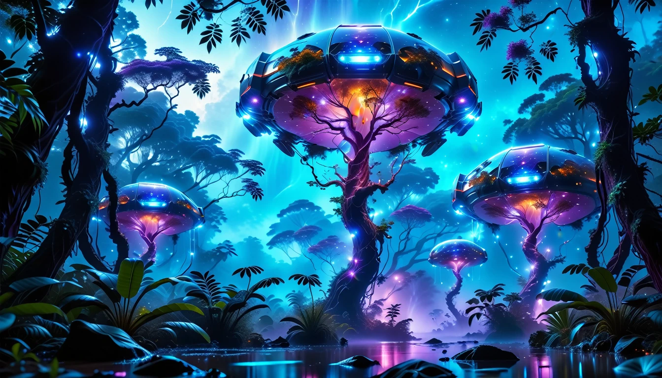 A Masterpiece In 32K Resolution, Supreme Quality, Super Detail, Official Art, Very High-Resolution 32K Wallpaper, Beautiful And Aesthetic, Ultra-Detailed Features, Awe-Inspiring Detail. Towering Bioluminescent Trees Stretch Into A Purple Sky, Their Branches Pulsing With Electric Blue Light. Strange Alien Creatures Crawl Through The Underbrush, Their Eyes Glowing With Intelligence. A Crashed Spaceship Lies Half-Buried In The Jungle, Its Lights Flickering. Giant Floating Beasts Drift Through The Air, Their Silhouettes Blending With The Exotic Landscape.