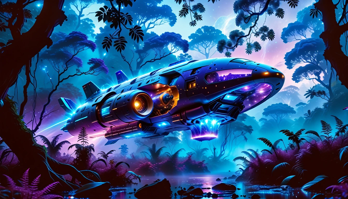 A Masterpiece In 32K Resolution, Supreme Quality, Super Detail, Official Art, Very High-Resolution 32K Wallpaper, Beautiful And Aesthetic, Ultra-Detailed Features, Awe-Inspiring Detail. Towering Bioluminescent Trees Stretch Into A Purple Sky, Their Branches Pulsing With Electric Blue Light. Strange Alien Creatures Crawl Through The Underbrush, Their Eyes Glowing With Intelligence. A Crashed Spaceship Lies Half-Buried In The Jungle, Its Lights Flickering. Giant Floating Beasts Drift Through The Air, Their Silhouettes Blending With The Exotic Landscape.