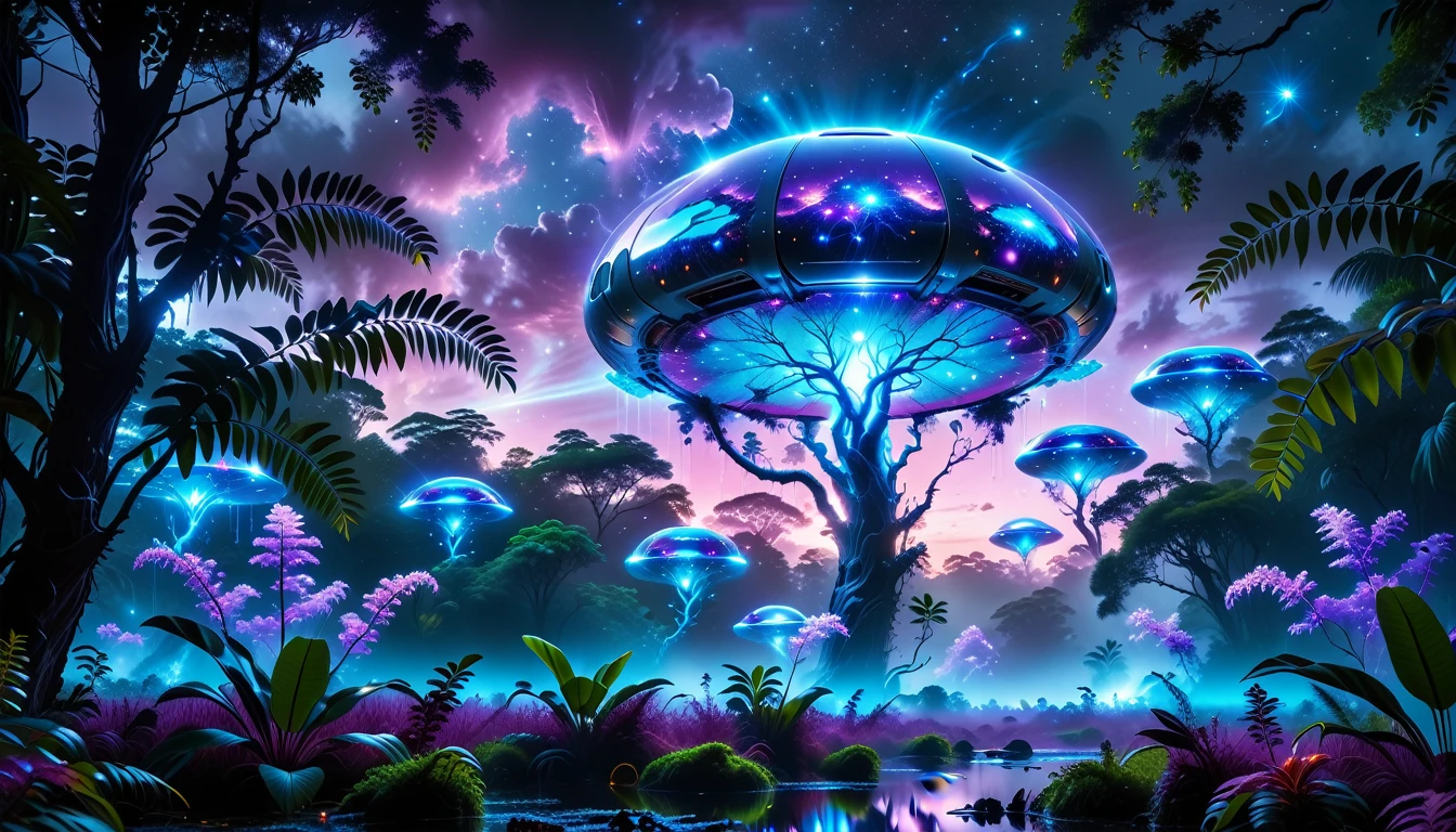 A Masterpiece In 32K Resolution, Supreme Quality, Super Detail, Official Art, Very High-Resolution 32K Wallpaper, Beautiful And Aesthetic, Ultra-Detailed Features, Awe-Inspiring Detail. Towering Bioluminescent Trees Stretch Into A Purple Sky, Their Branches Pulsing With Electric Blue Light. Strange Alien Creatures Crawl Through The Underbrush, Their Eyes Glowing With Intelligence. A Crashed Spaceship Lies Half-Buried In The Jungle, Its Lights Flickering. Giant Floating Beasts Drift Through The Air, Their Silhouettes Blending With The Exotic Landscape.